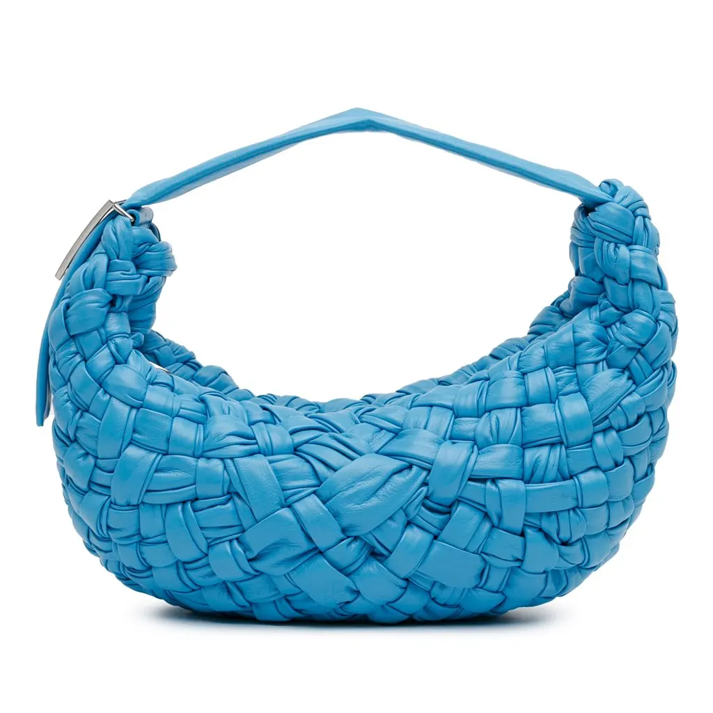 Bottega Veneta Paper Calfskin Intrecciato Banana Hobo Bag Blue Leather Good - Front View