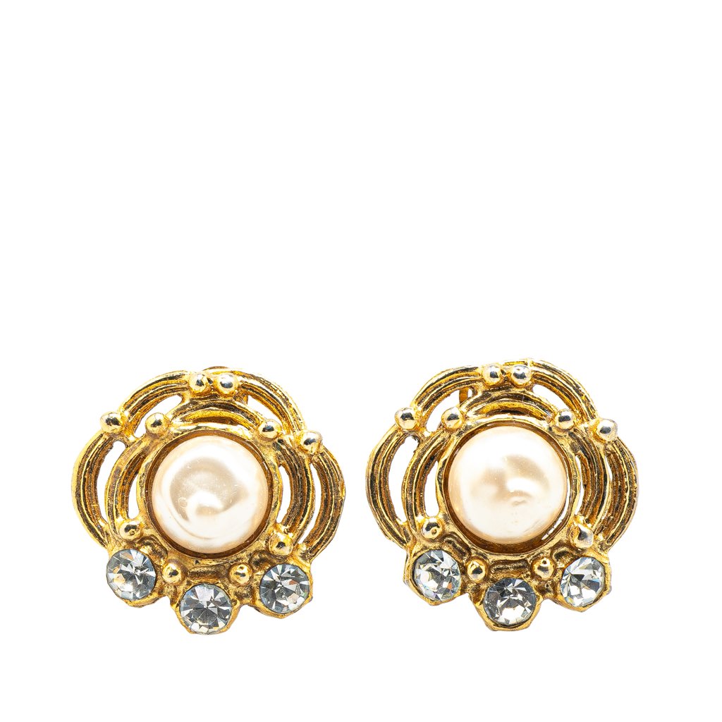 Chanel Gold Plated Faux Pearl and Rhinestones Clip on Earrings