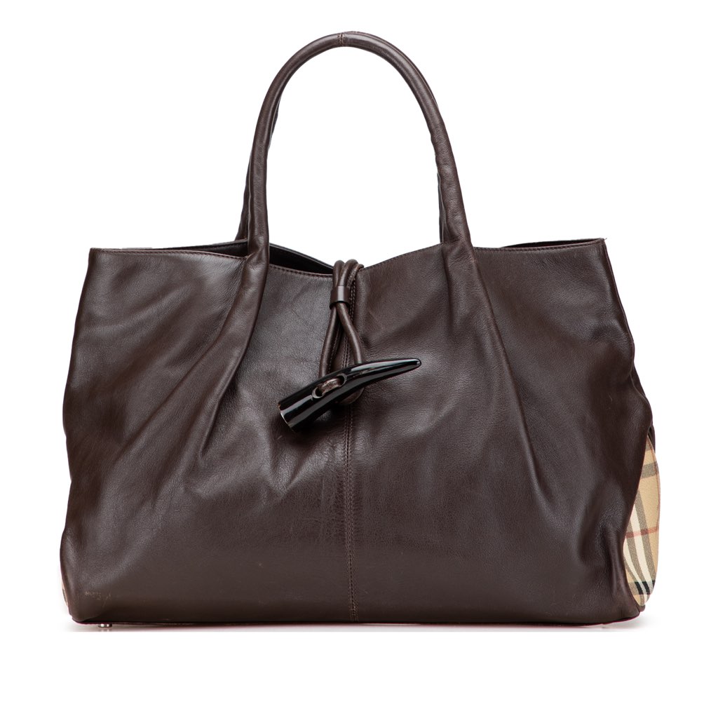 Burberry Medium House Check Trimmed Leather Horn Toggle Tote