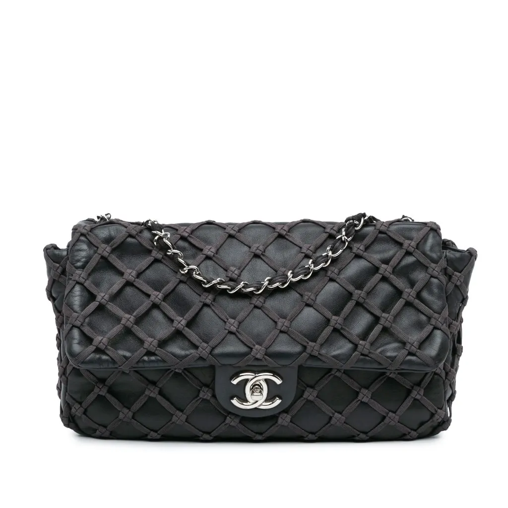 Chanel Jumbo Calfskin Canebiers Net Flap Black Leather Good - Front View