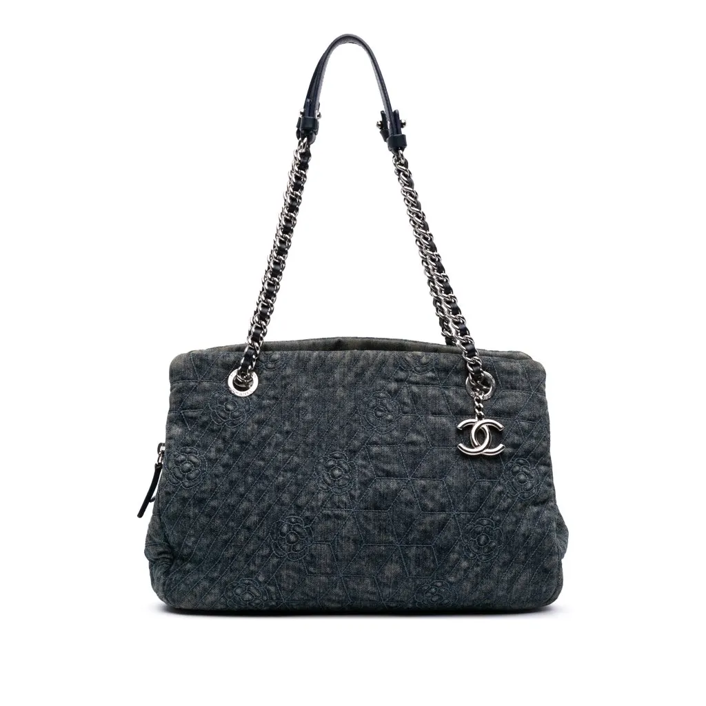 Chanel Denim Camellia Embroidered Shopping Tote Blue Denim Good - Front View