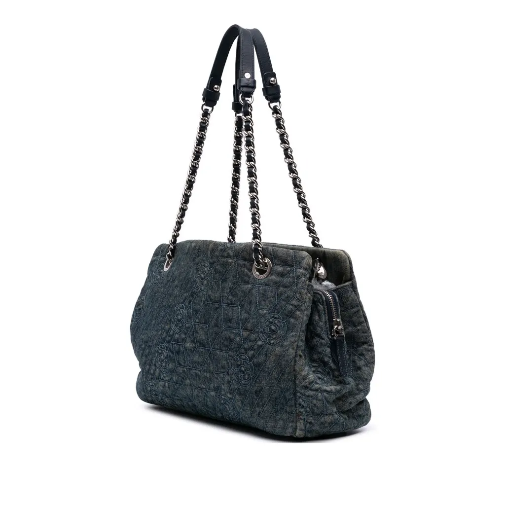 Chanel Denim Camellia Embroidered Shopping Tote Blue Denim Good - Back View