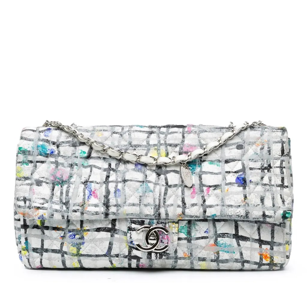 Chanel Medium Calfskin Hand Painted Graffiti Flap White Leather Good - Front View
