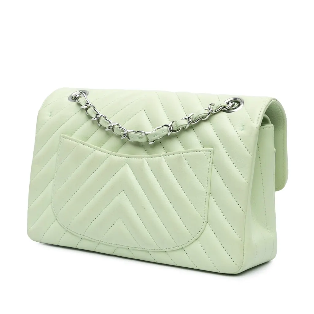 Chanel Small Classic Chevron Lambskin Double Flap Green Leather Very good - Back View