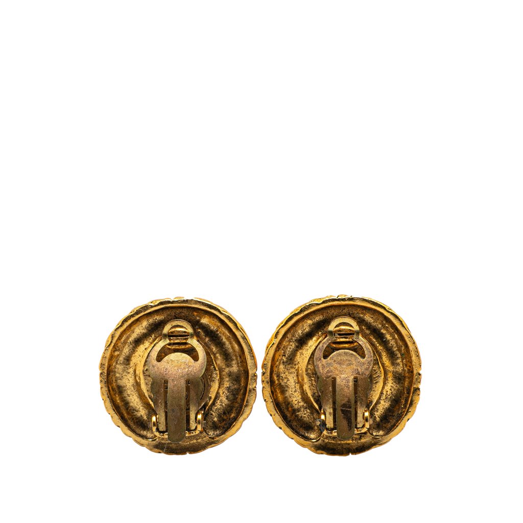 Chanel Gold Plated Ribbed Rhinestone Clip On Earrings - 2