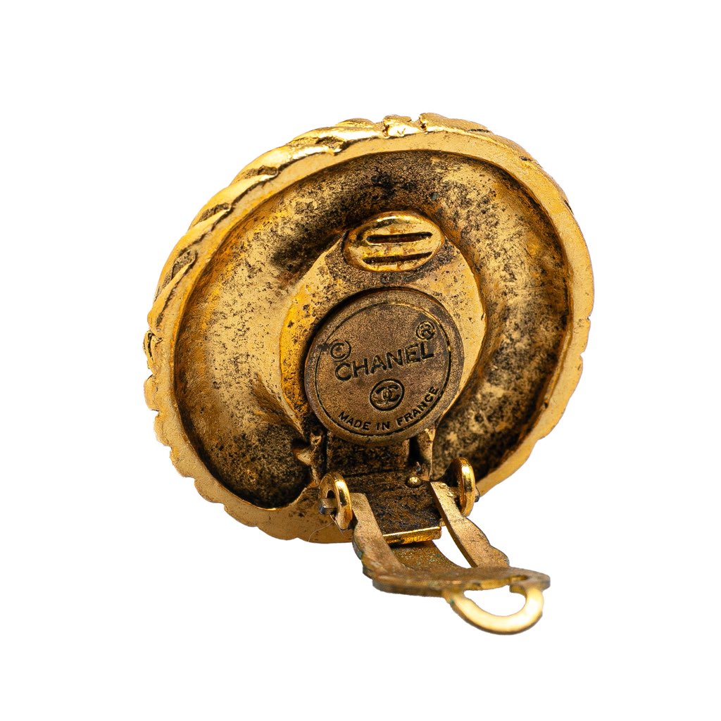 Chanel Gold Plated Ribbed Rhinestone Clip On Earrings - 3