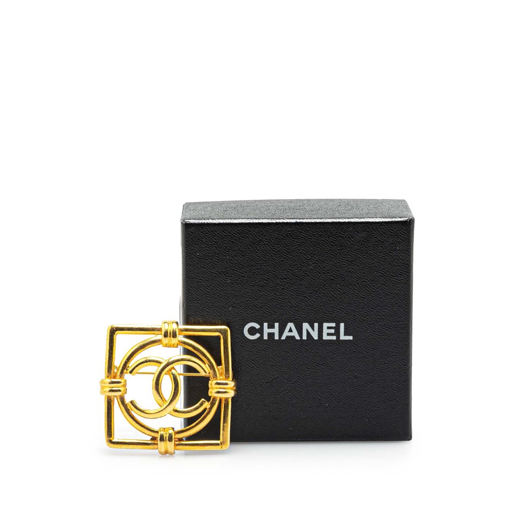 Chanel Gold Plated CC Square Lock Brooch - Side view