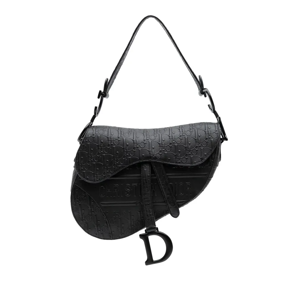 Dior Oblique Embossed Calfskin Saddle Bag Black Leather Good - Front View