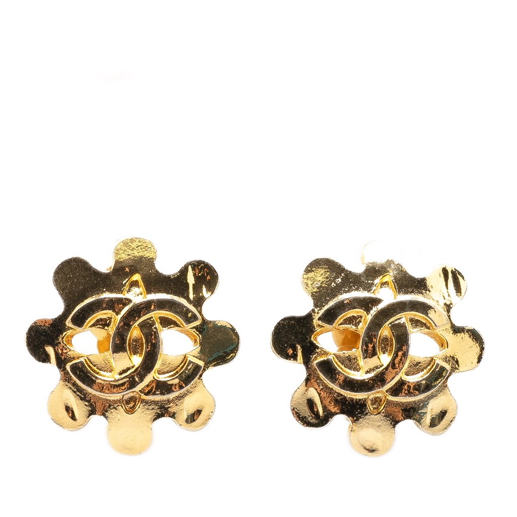 Chanel Gold Plated CC Flower Clip On Earrings