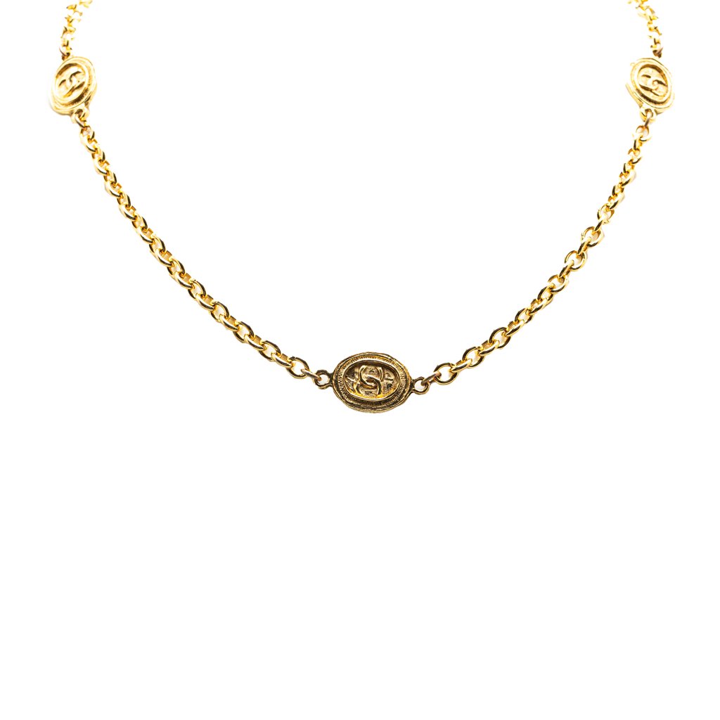 Chanel Gold Plated CC Coin Long Chain Station Necklace