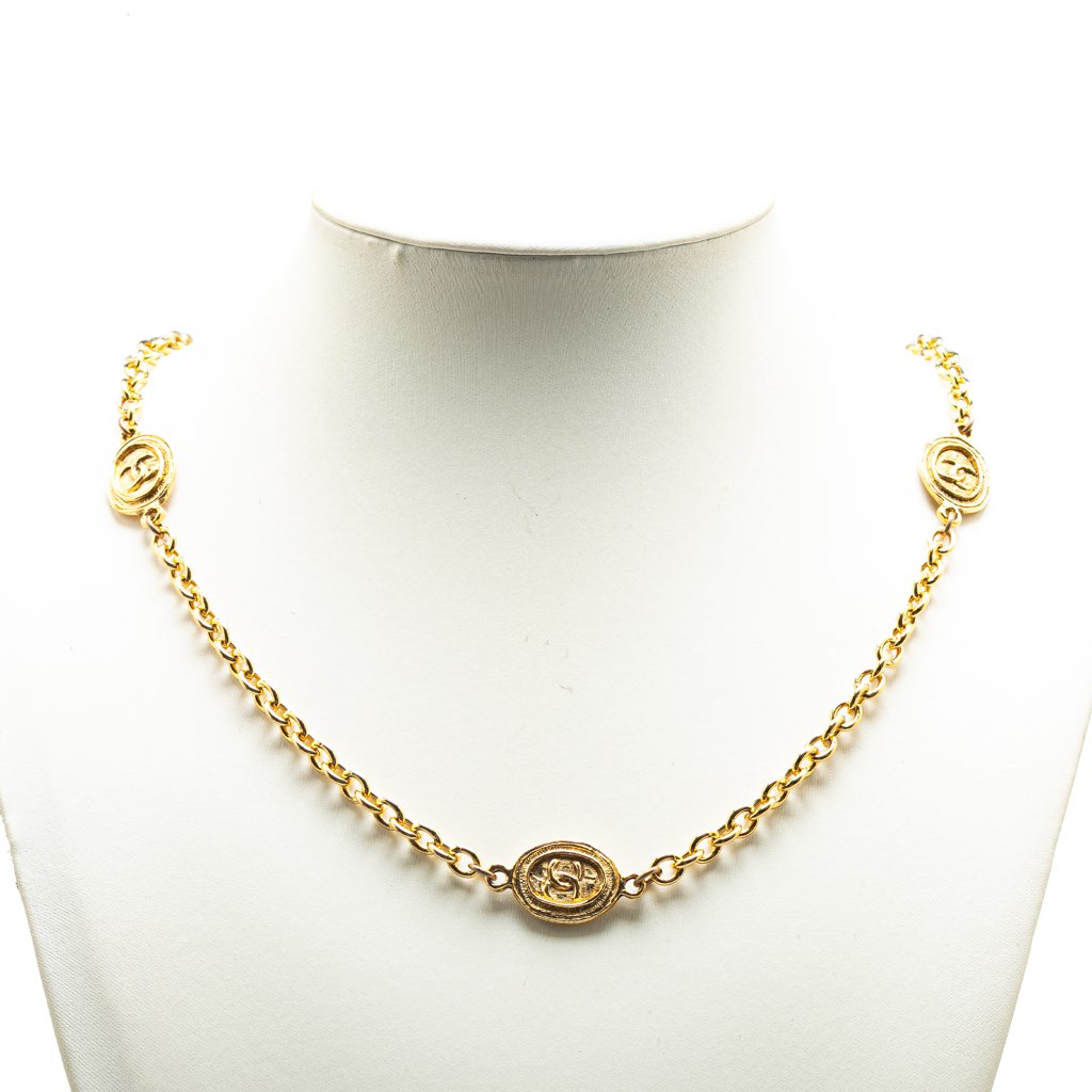 Chanel Gold Plated CC Coin Long Chain Station Necklace - Side view