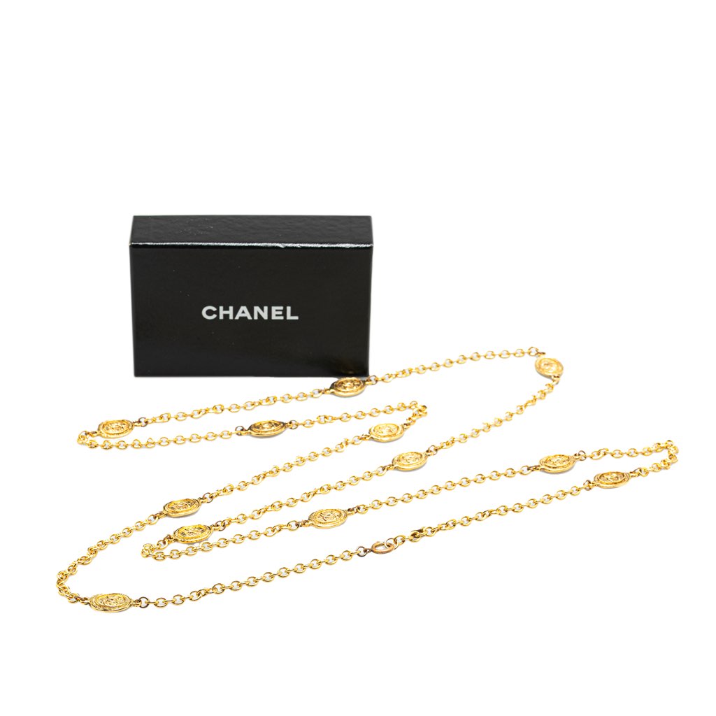 Chanel Gold Plated CC Coin Long Chain Station Necklace - Detail 1