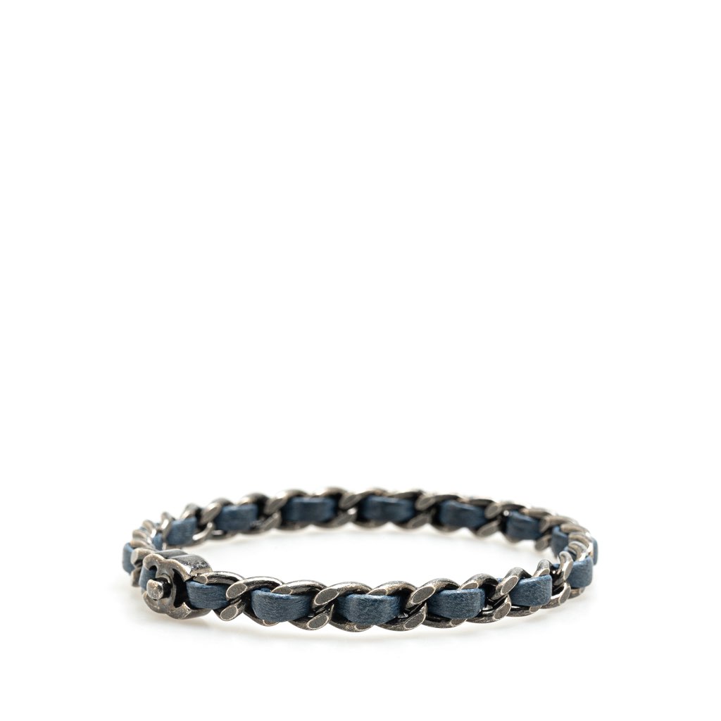 Chanel Silver Plated Leather Woven Chain CC Turnlock Bracelet - 2