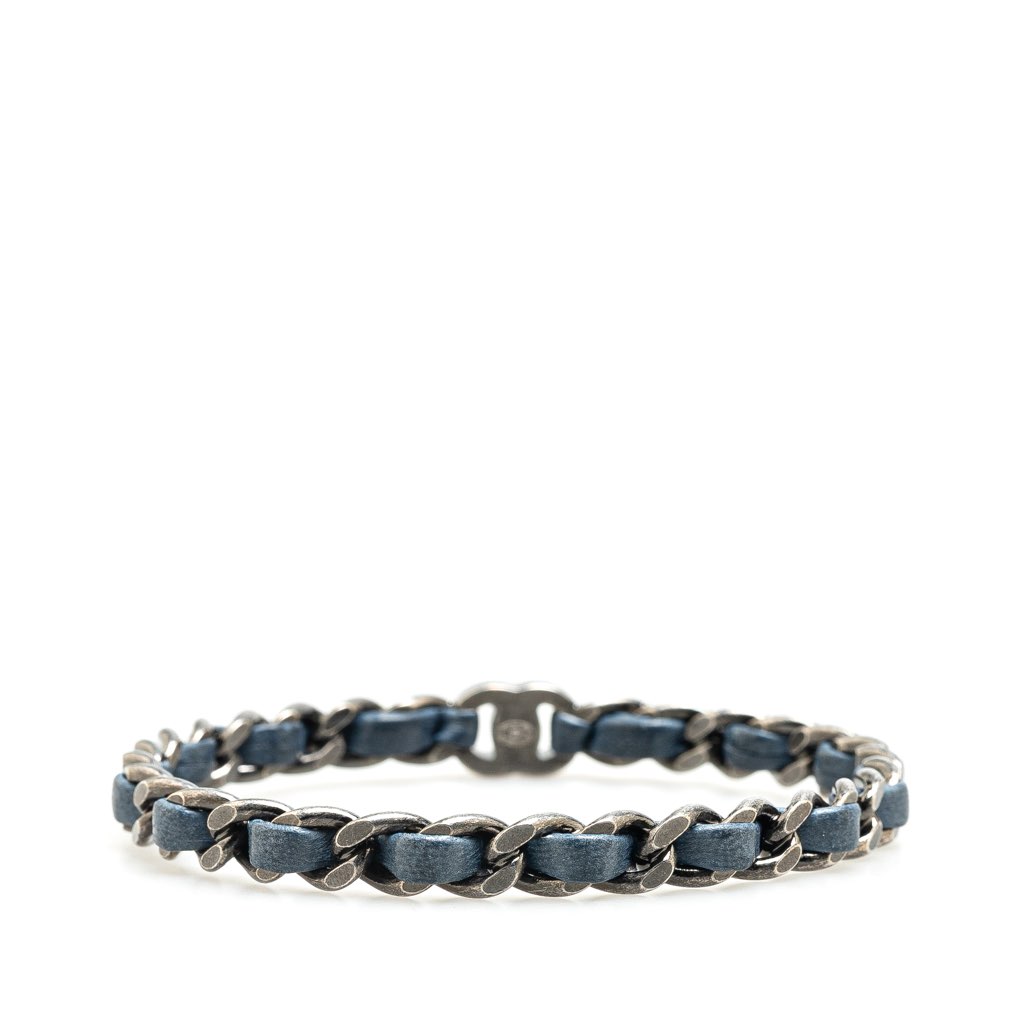 Chanel Silver Plated Leather Woven Chain CC Turnlock Bracelet - 3