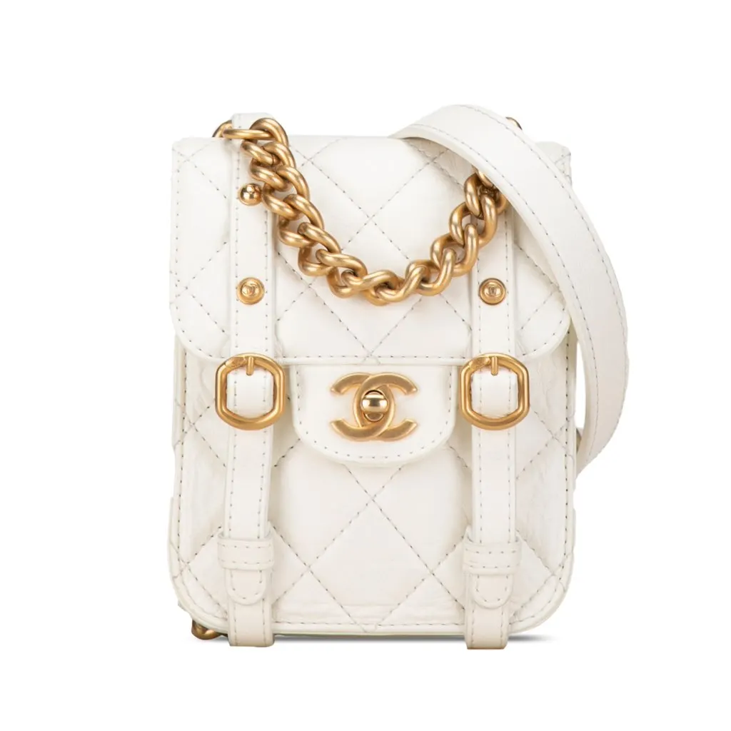 Chanel Mini Aged Calfskin City School Flap White Leather Good - Front View