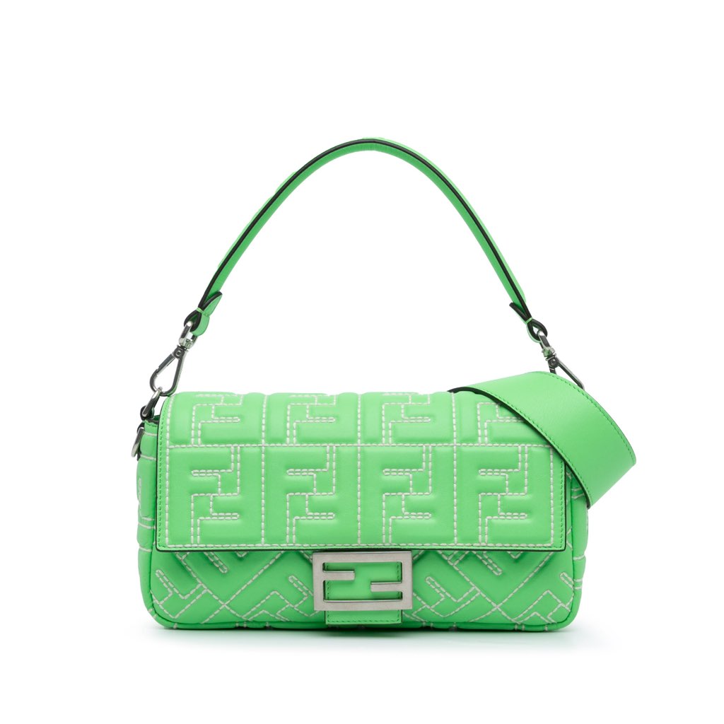 Fendi Zucca Embossed Stitched Leather Baguette Satchel