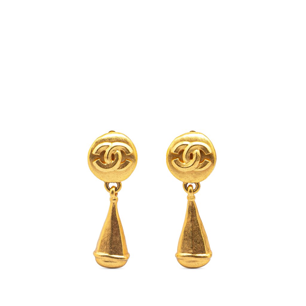 Chanel Gold Plated CC Teardrop Clip On Earrings