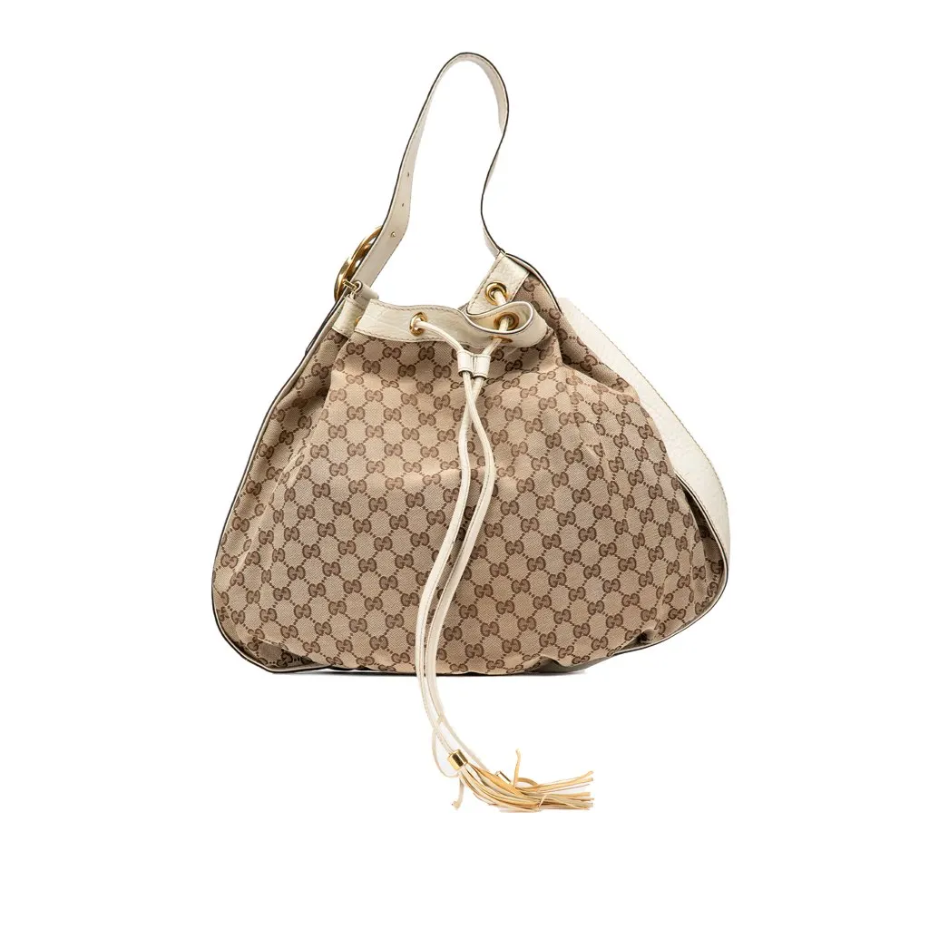 Gucci GG Canvas Interlocking Icon Drawstring Hobo Brown Canvas Good - Front View