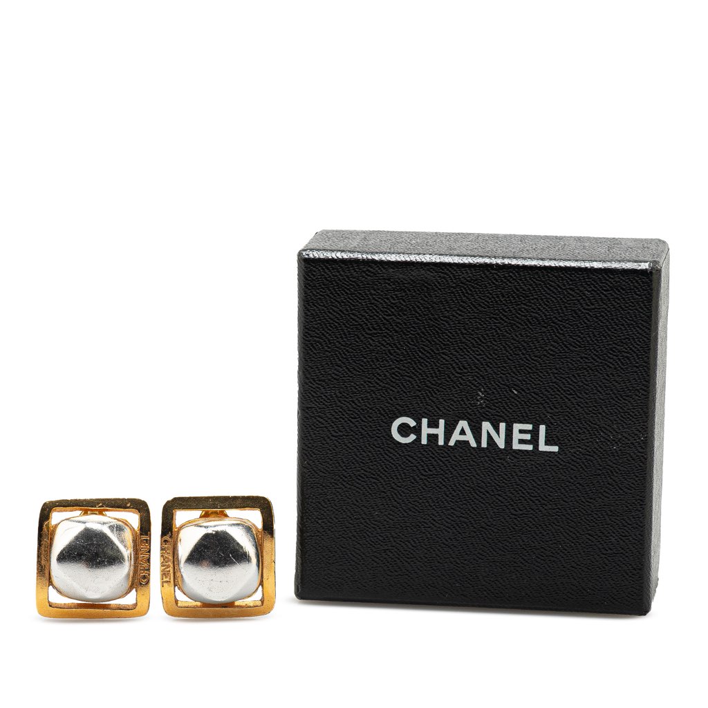 Chanel Gold Plated and Silver Square Bead Clip On Earrings - 4