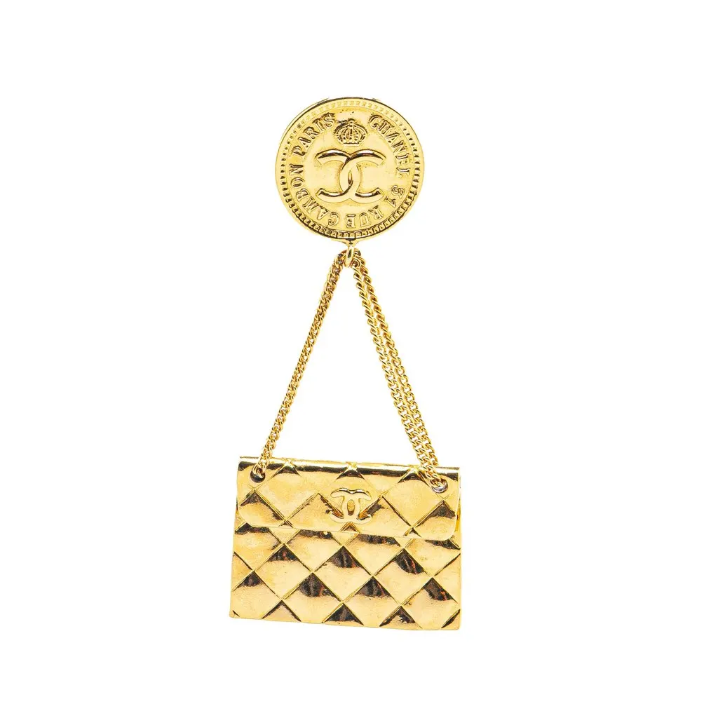 Chanel Gold Plated CC Quilted Flap Bag Brooch Gold Metal Good - Front View