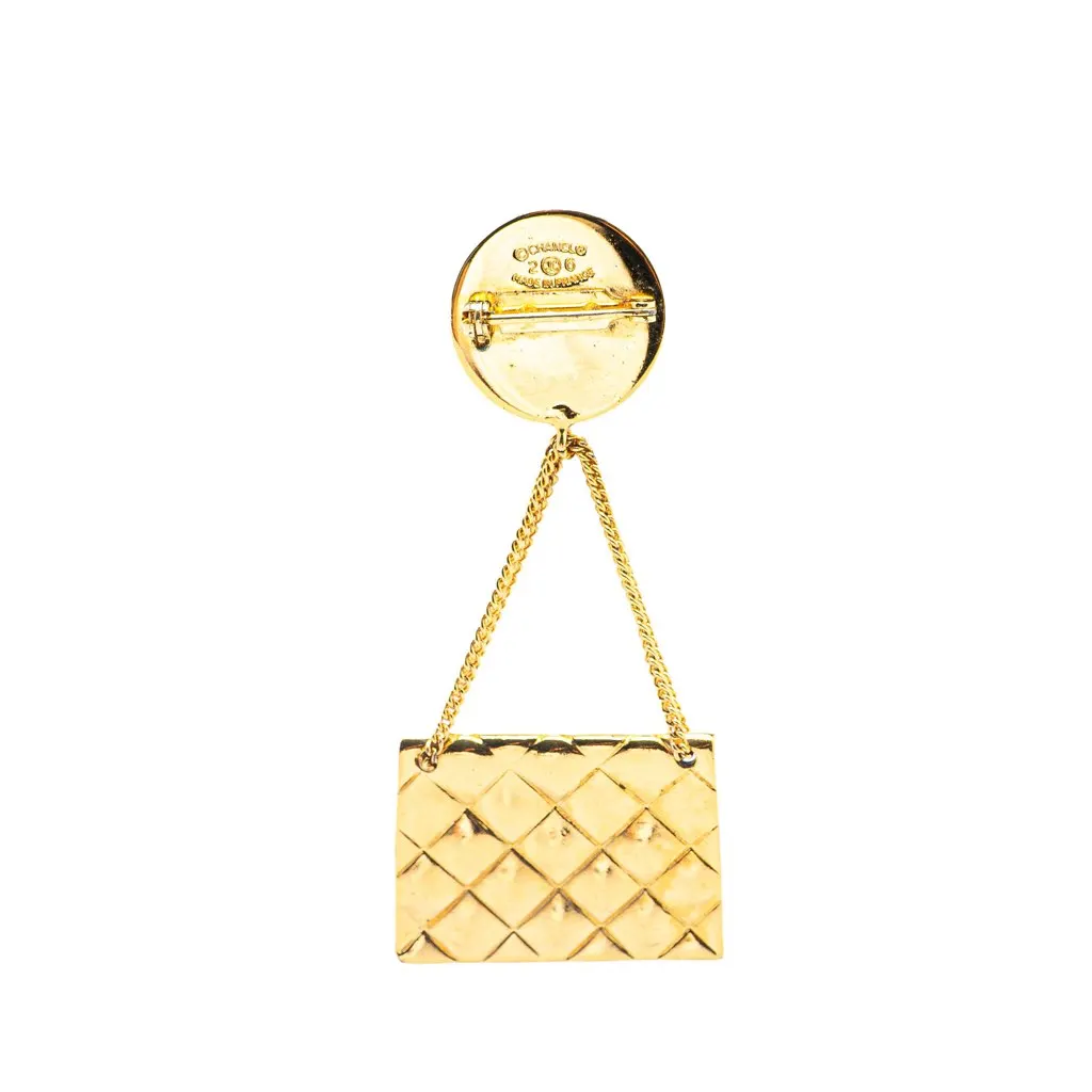 Chanel Gold Plated CC Quilted Flap Bag Brooch Gold Metal Good - Back View