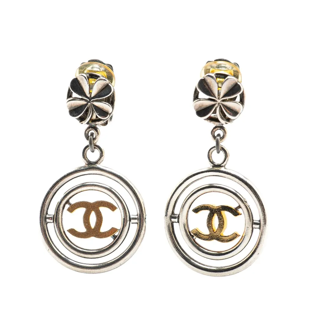 Chanel Silver Clover CC Drop Clip on Earrings Silver Silver Good - Front View