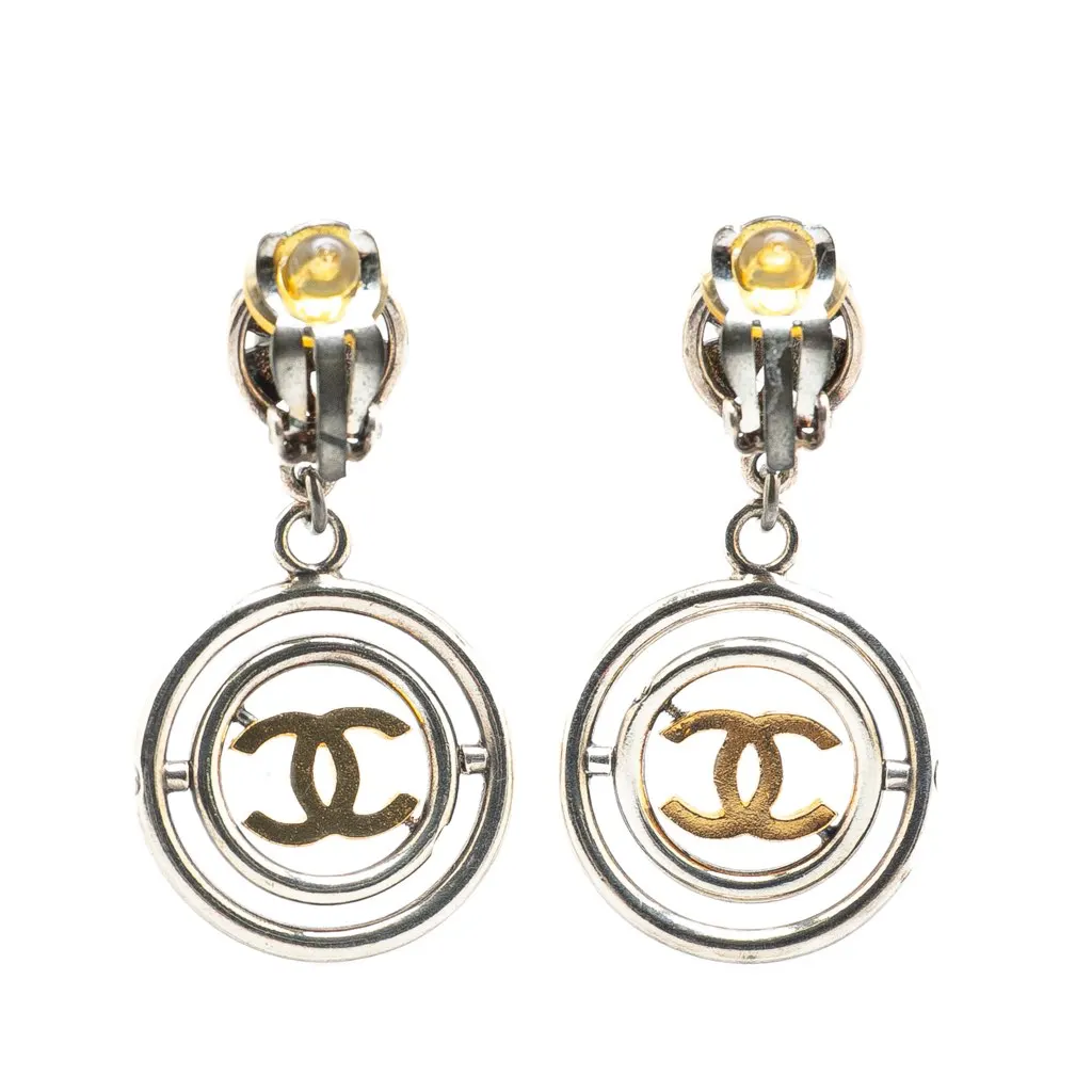 Chanel Silver Clover CC Drop Clip on Earrings Silver Silver Good - Back View