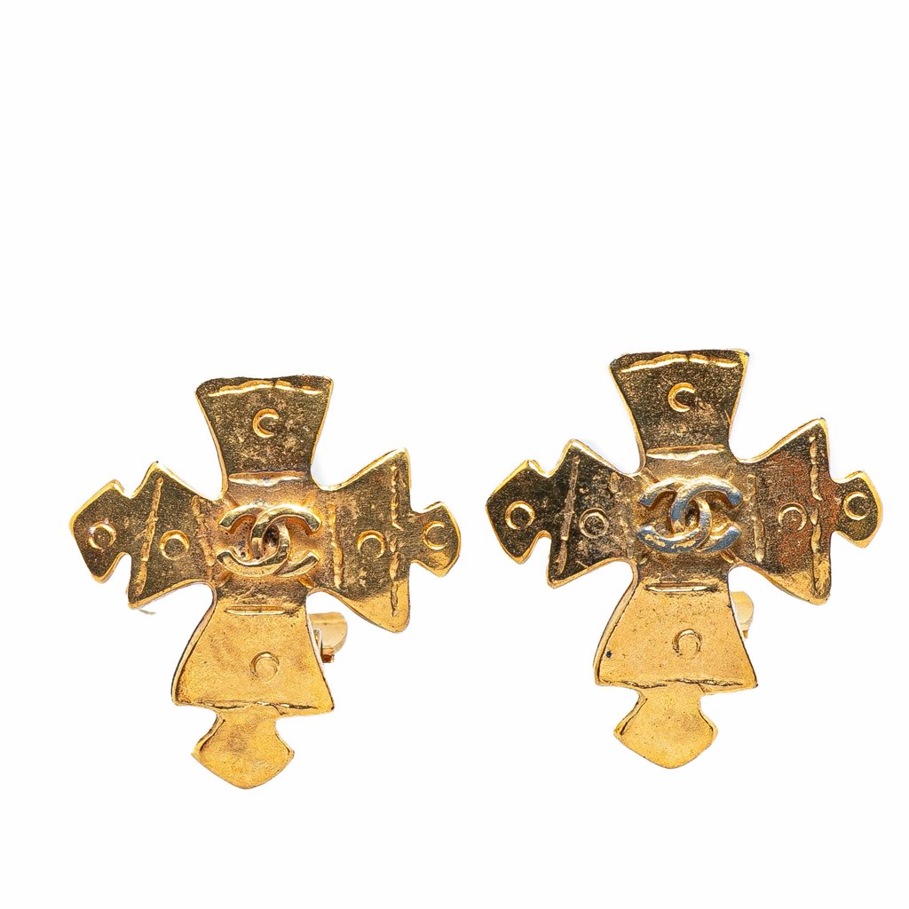 Chanel Gold Plated CC Cross Clip on Earrings