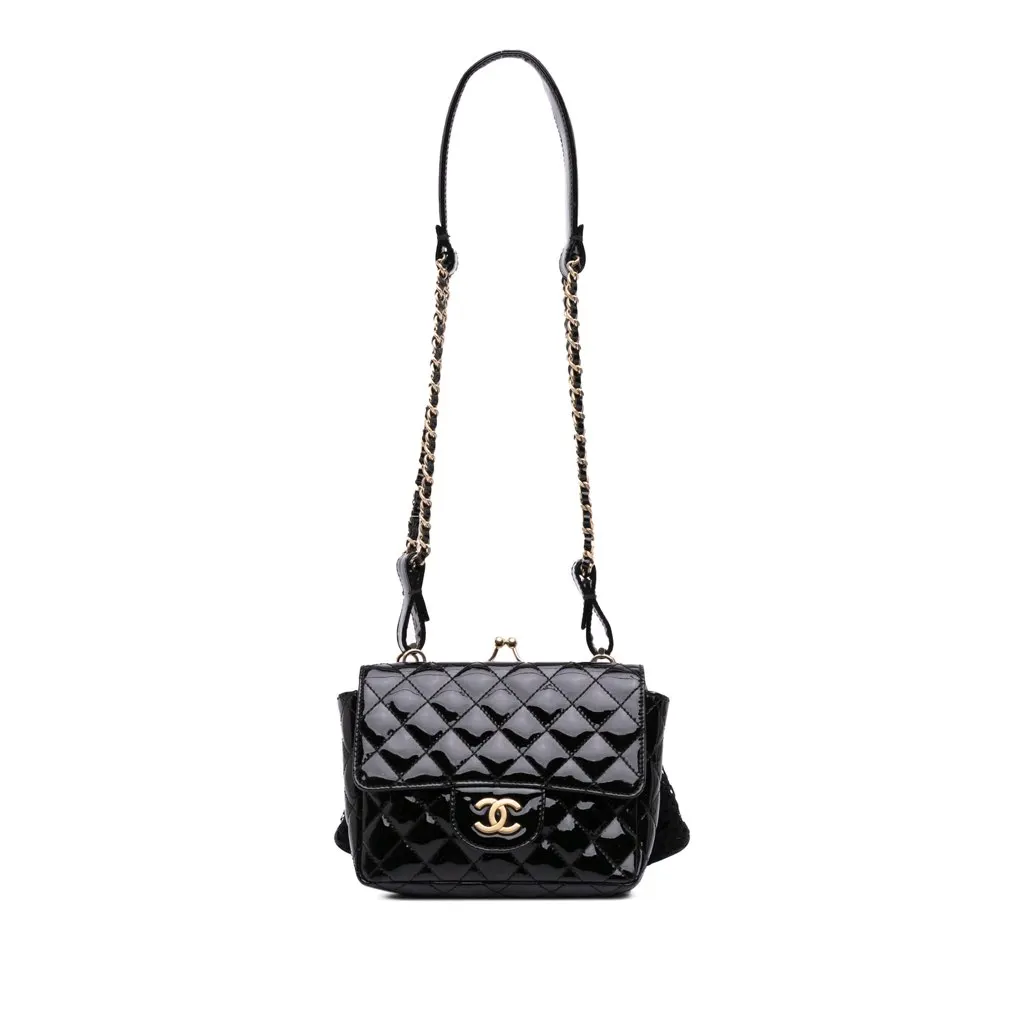 Chanel Mini Patent Lace Kiss Lock Flap Double Bag Black Leather Good - Front View