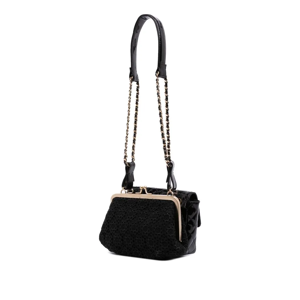 Chanel Mini Patent Lace Kiss Lock Flap Double Bag Black Mini