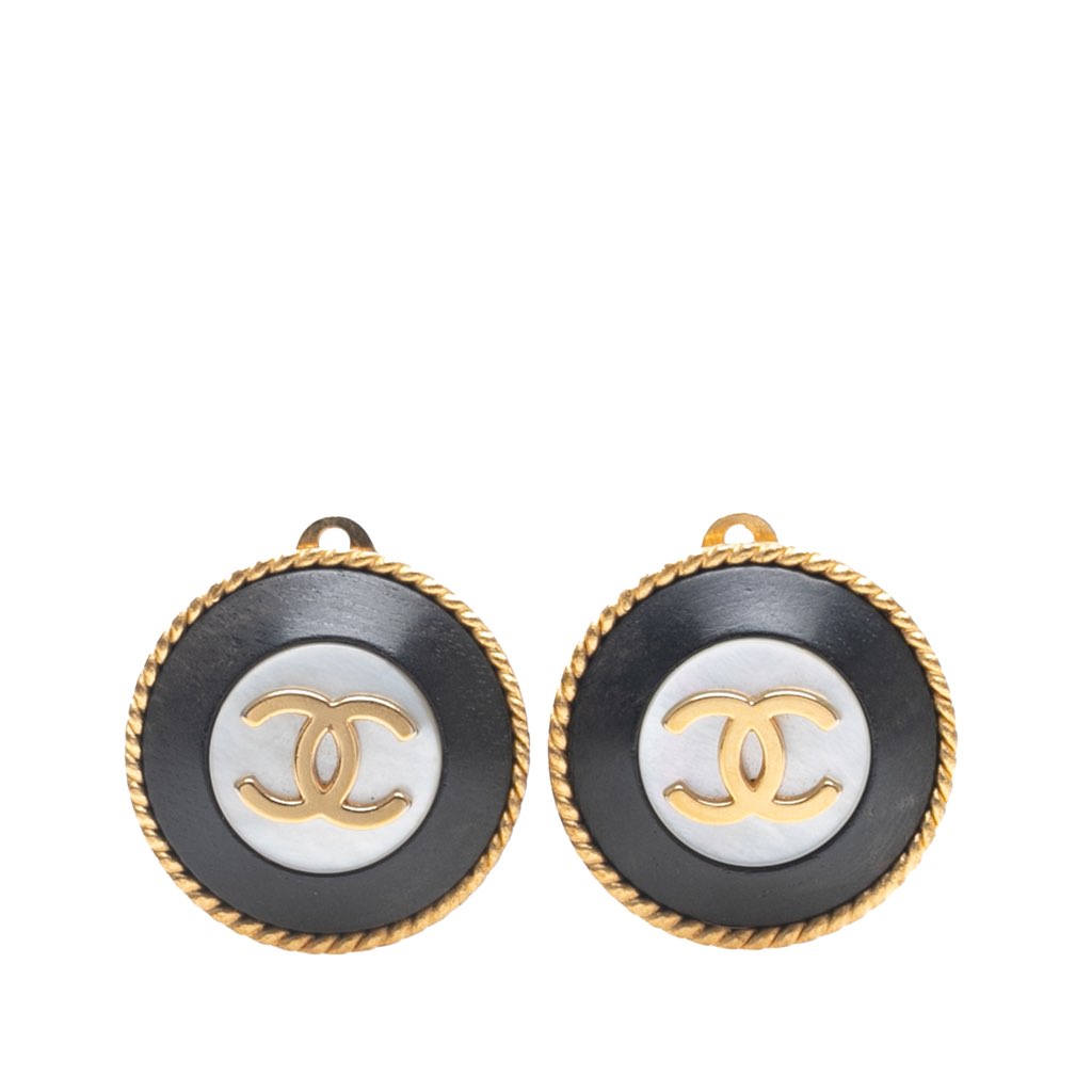 Chanel Gold Plated Acrylic CC Button Clip On Earrings