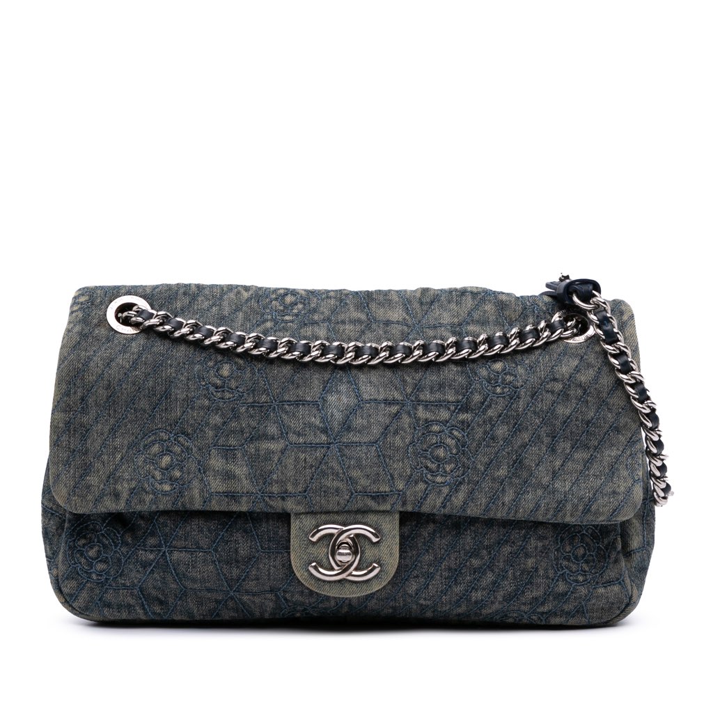 Chanel Large Embroidered Denim Camellia Flap