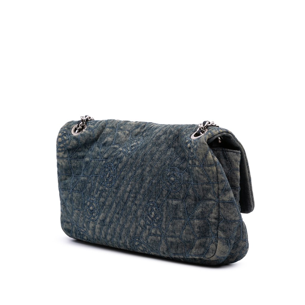 Chanel Large Embroidered Denim Camellia Flap - Back view