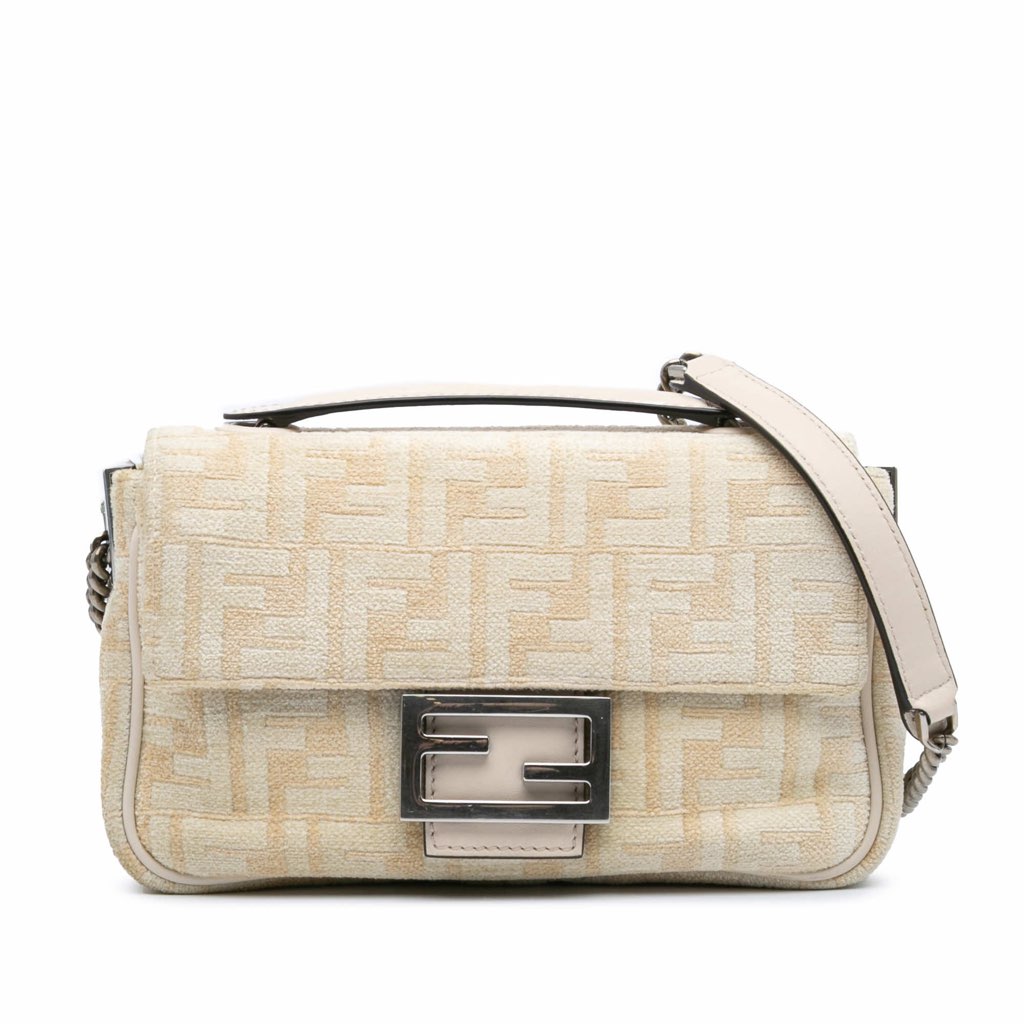 Fendi FF Chenille and Vitello Seta Chain Midi Baguette