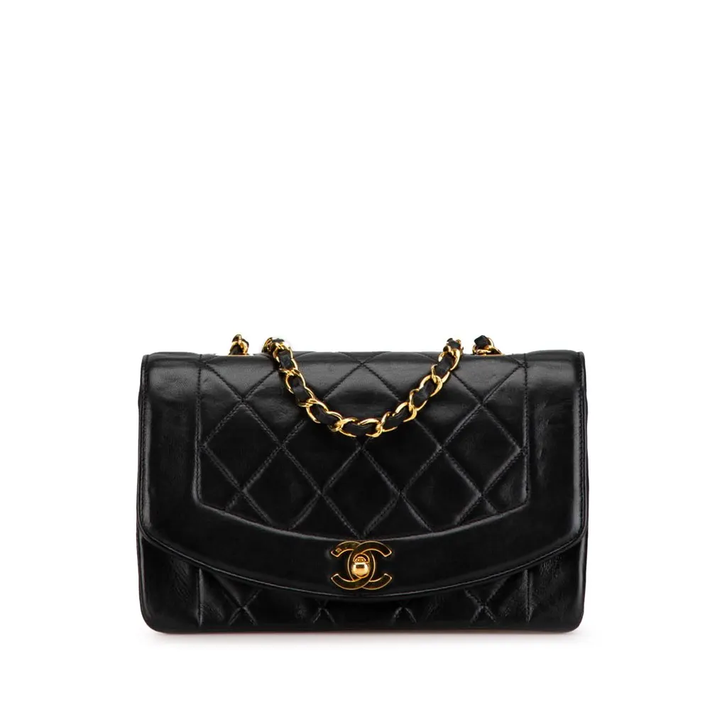 Chanel Small Lambskin Diana Flap Black Leather Good - Front View