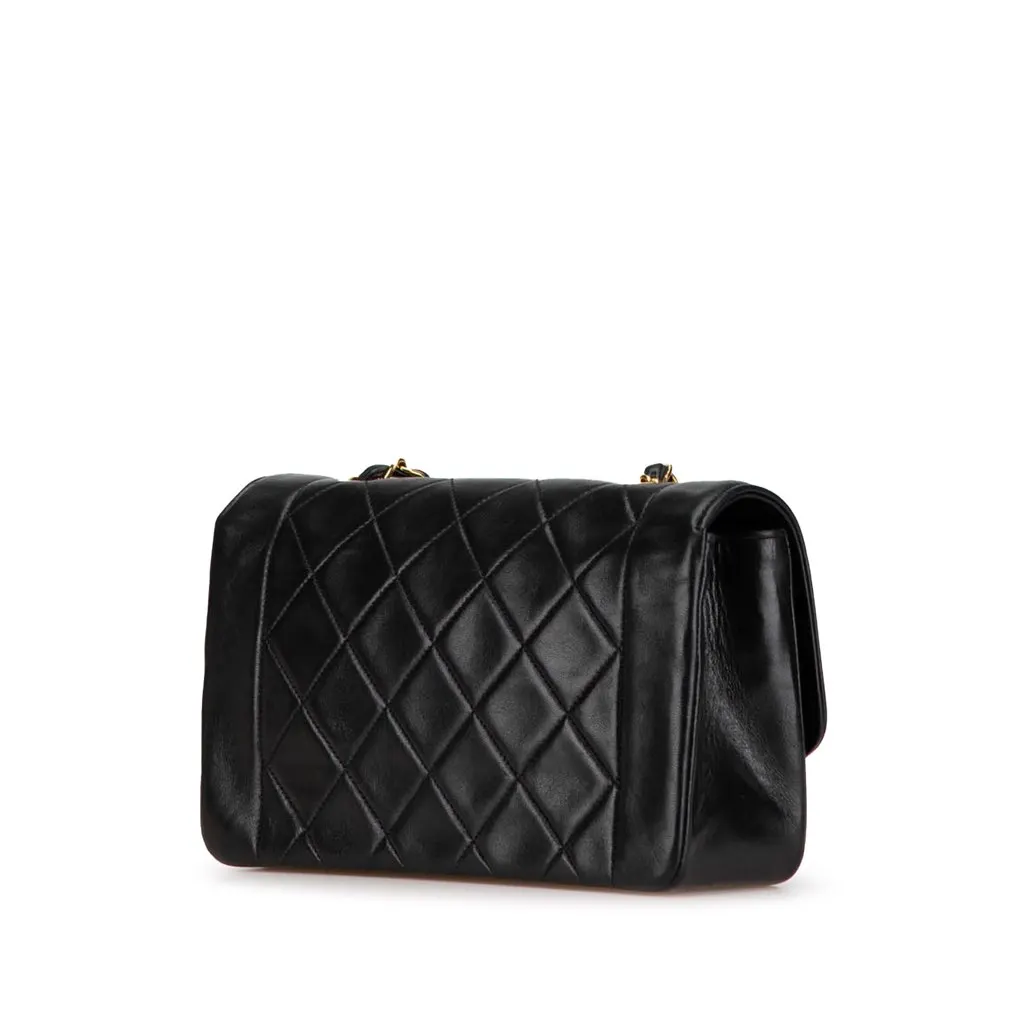 Chanel Small Lambskin Diana Flap Black Leather Good - Back View