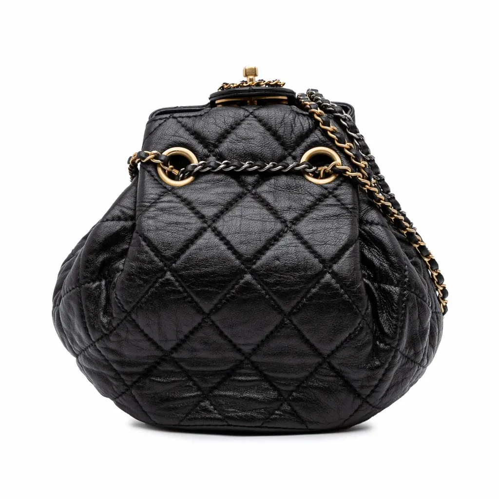 Chanel CC Quilted Lambskin Chain Drawstring Bucket Bag Black Leather Good - Front View