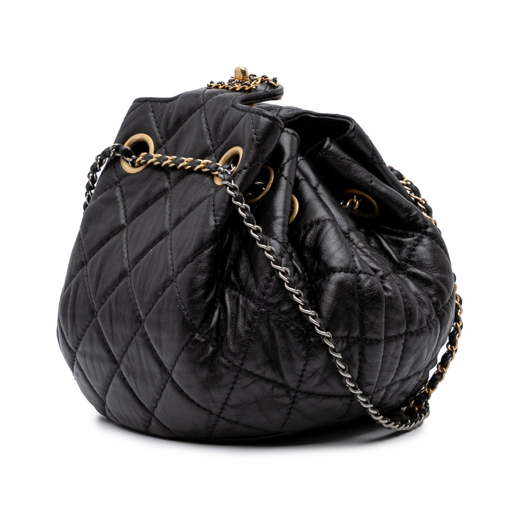Chanel CC Quilted Lambskin Chain Drawstring Bucket Bag - Back view