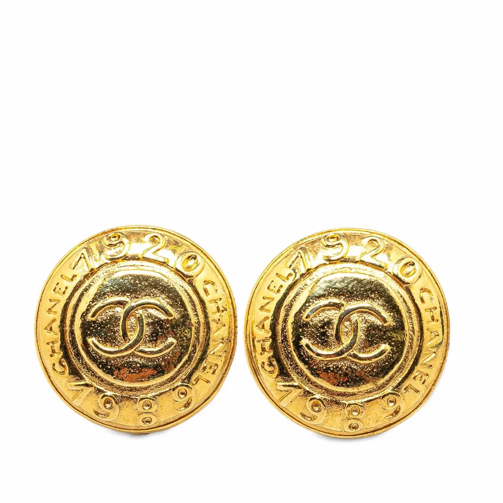 Chanel Gold Plated CC Date Clip On Earrings Gold Metal Good - Front View
