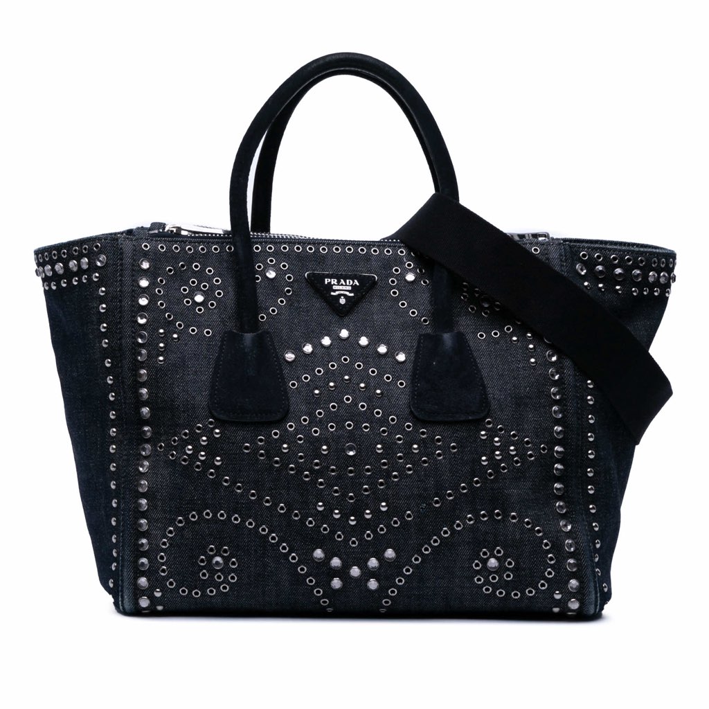 Prada Denim Canapa Bijoux and Grommet Twin Pocket Tote