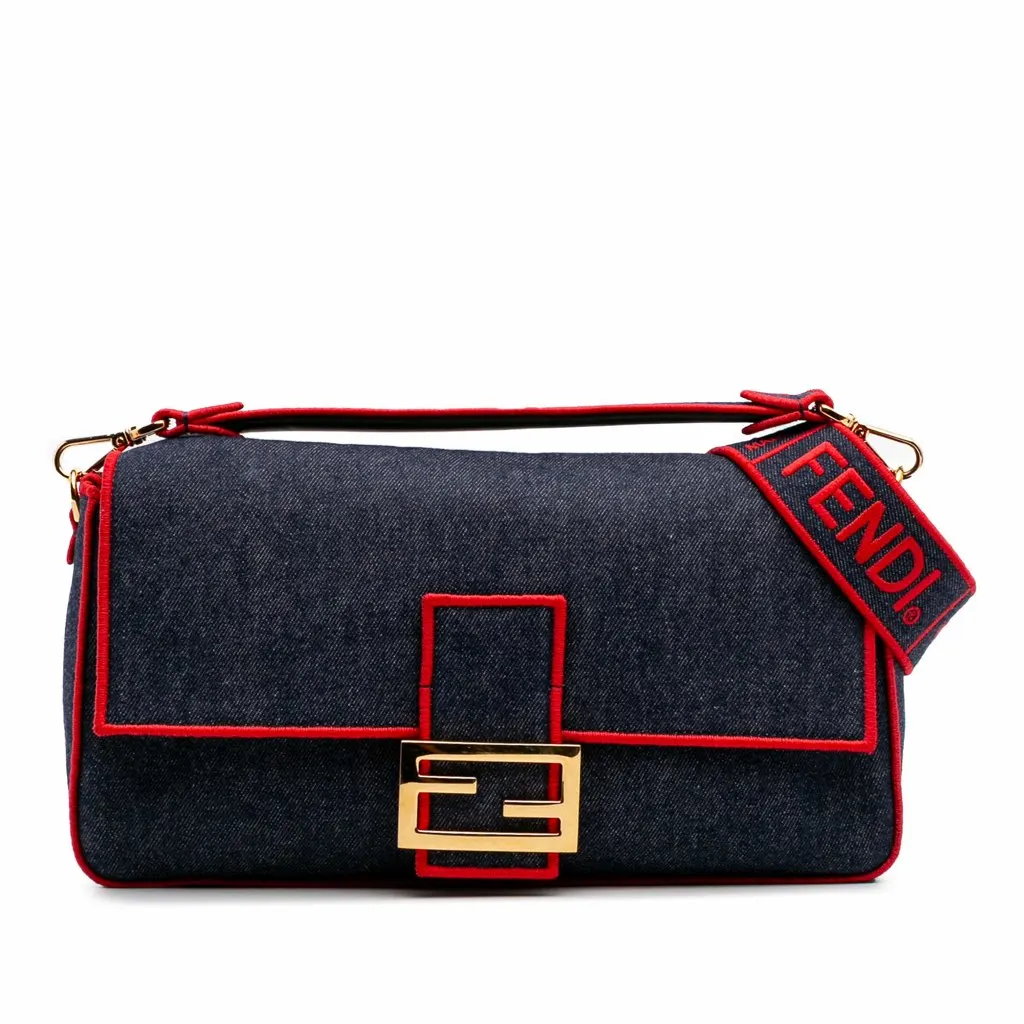 Fendi Large Denim Baguette Satchel Blue Denim Good - Front View