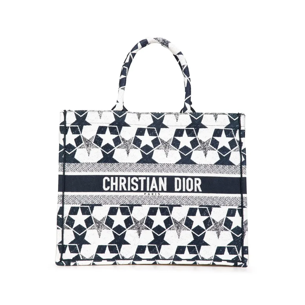 Dior Large Canvas Embroidered Lucky Star Book Tote Blue Canvas Good - Front View