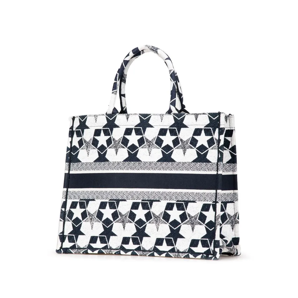 Dior Large Canvas Embroidered Lucky Star Book Tote Blue Canvas Good - Back View