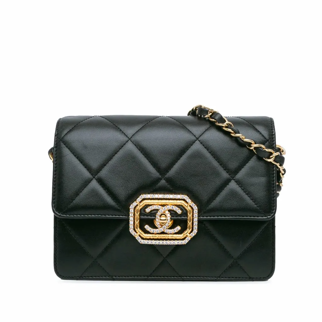 Chanel Quilted Lambskin Octagonal Buckle Crossbody Black Leather Very good - Front View