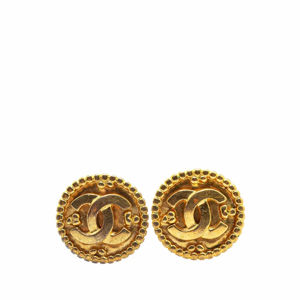 Chanel Gold Plated CC Round Clip On Earrings Gold Metal Good - Front View