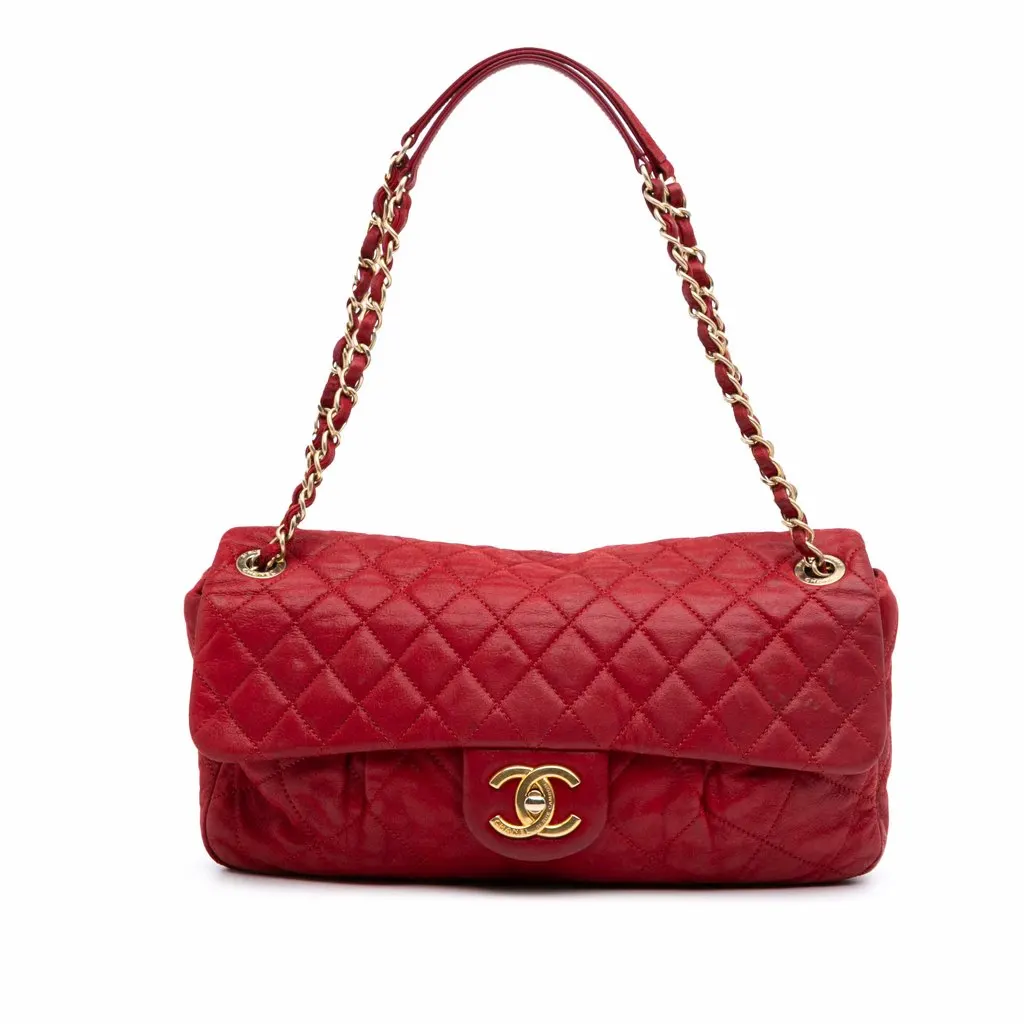 Chanel Large Iridescent Calfskin Chic Quilt Flap Red Leather Good - Front View