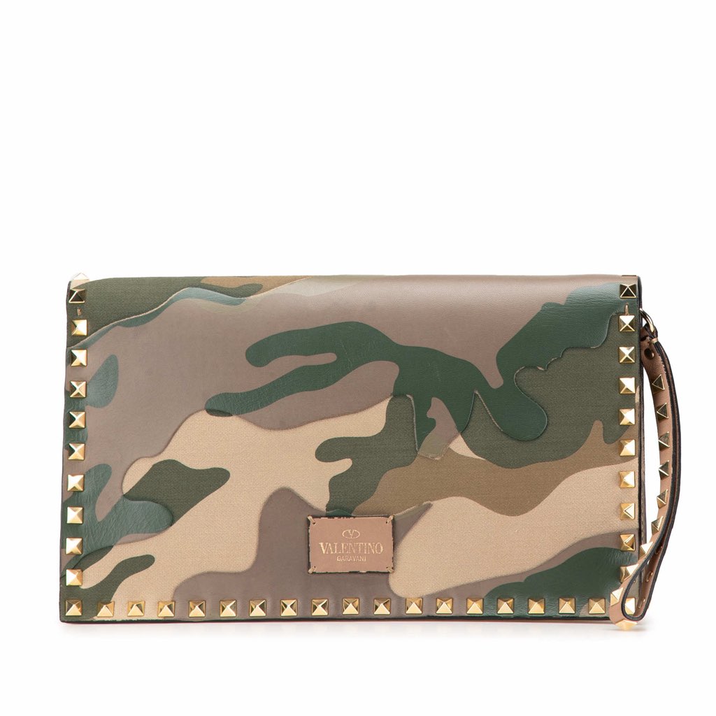 Valentino Canvas and Nappa Camouflage Rockstud Wristlet Clutch