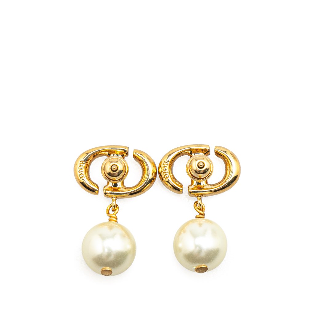 Dior Gold Plated Faux Pearl CD Navy Push Back Earrings - 2