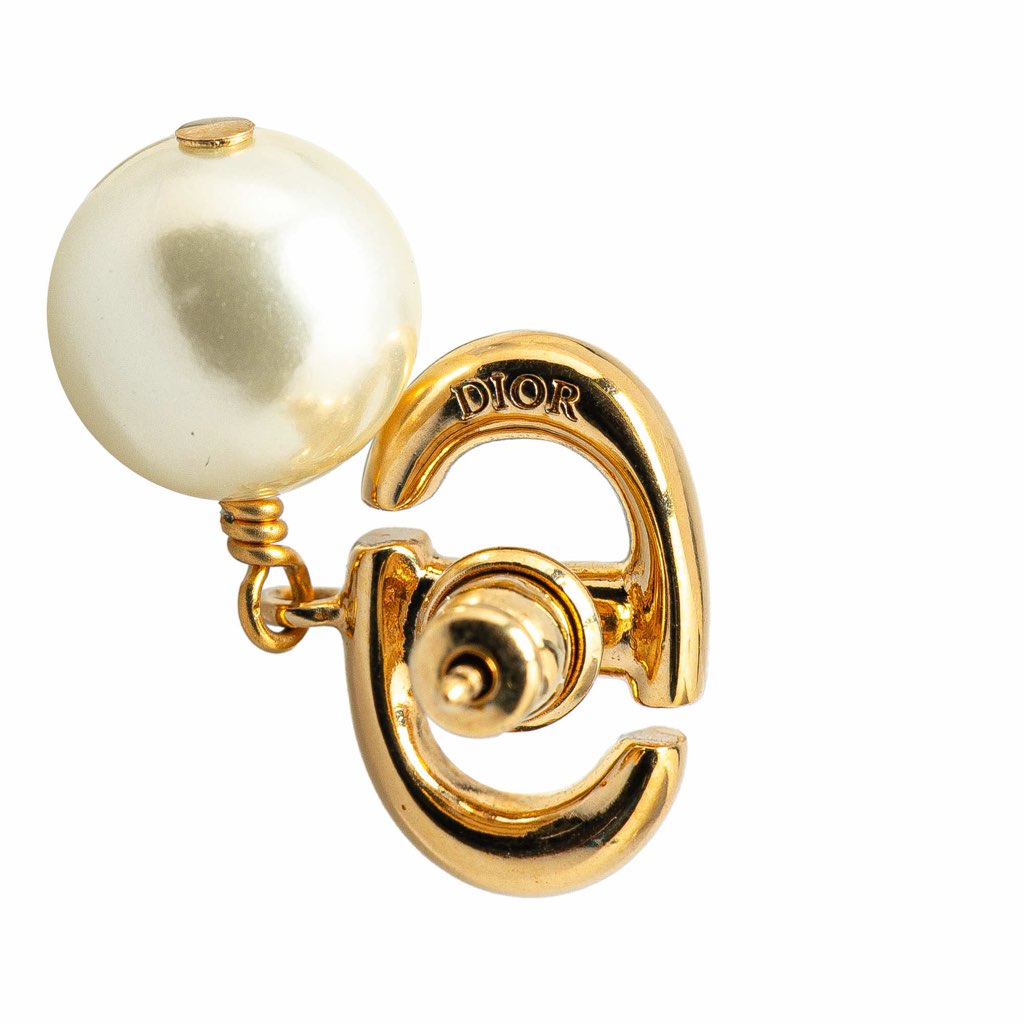 Dior Gold Plated Faux Pearl CD Navy Push Back Earrings - 3