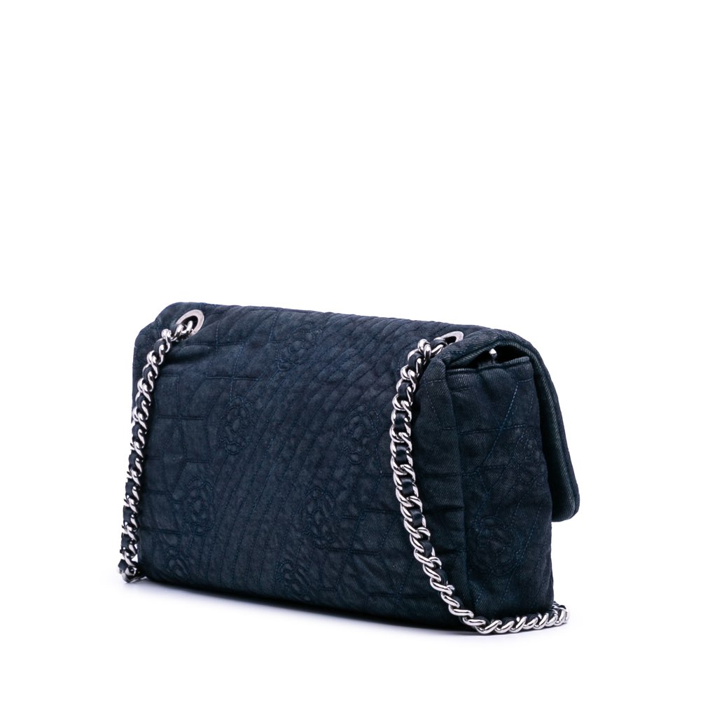 Chanel Large Embroidered Denim Camellia Flap - Back view